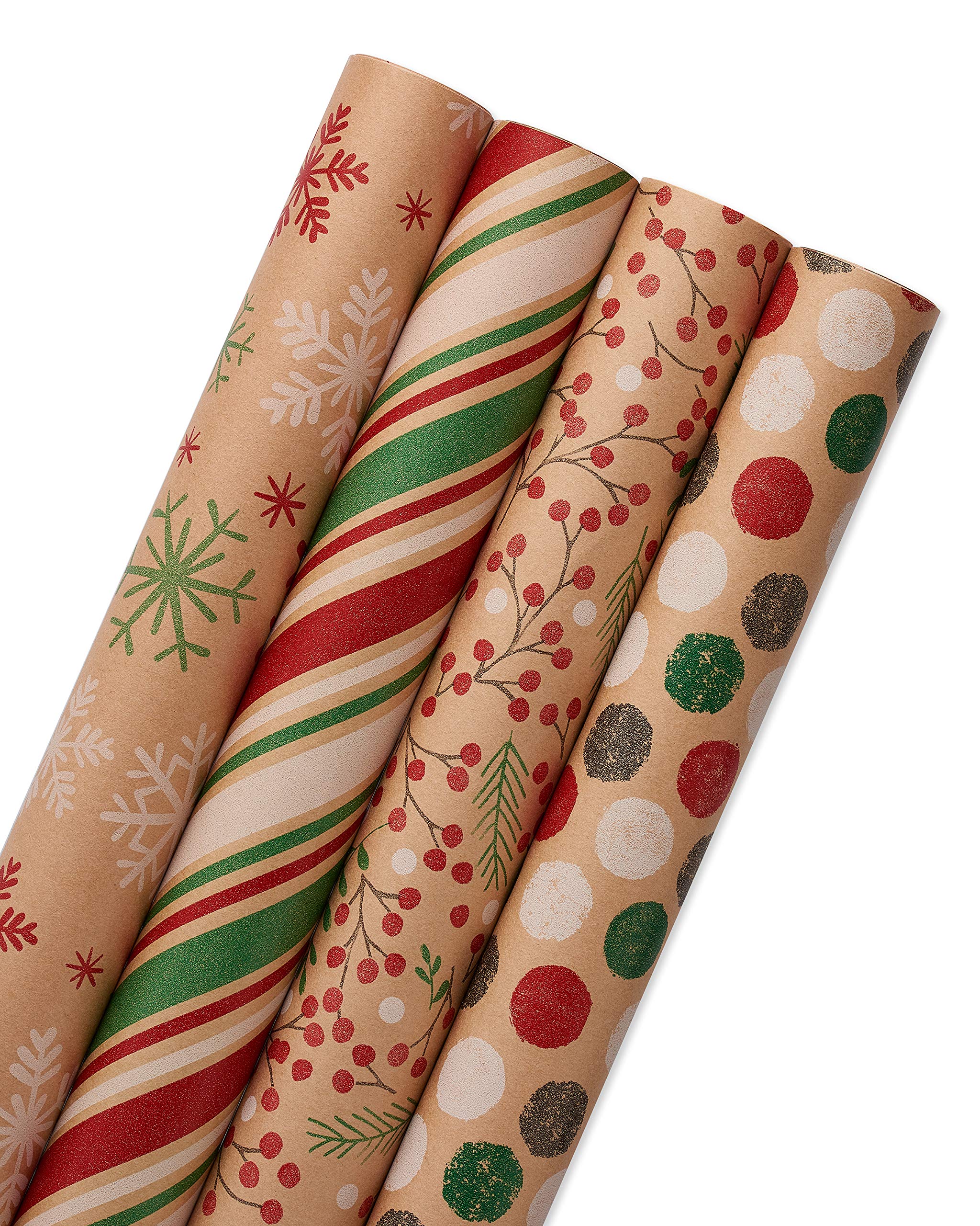 American Greetings Vintage Kraft Christmas Wrapping Paper Rolls, Red, Green and Brown Kraft Holiday Gift Wrap (80 sq. ft., 4 Rolls-30 in. x 8 ft.) Holly Berries, Stripes, Dots, Snowflakes - Image 7