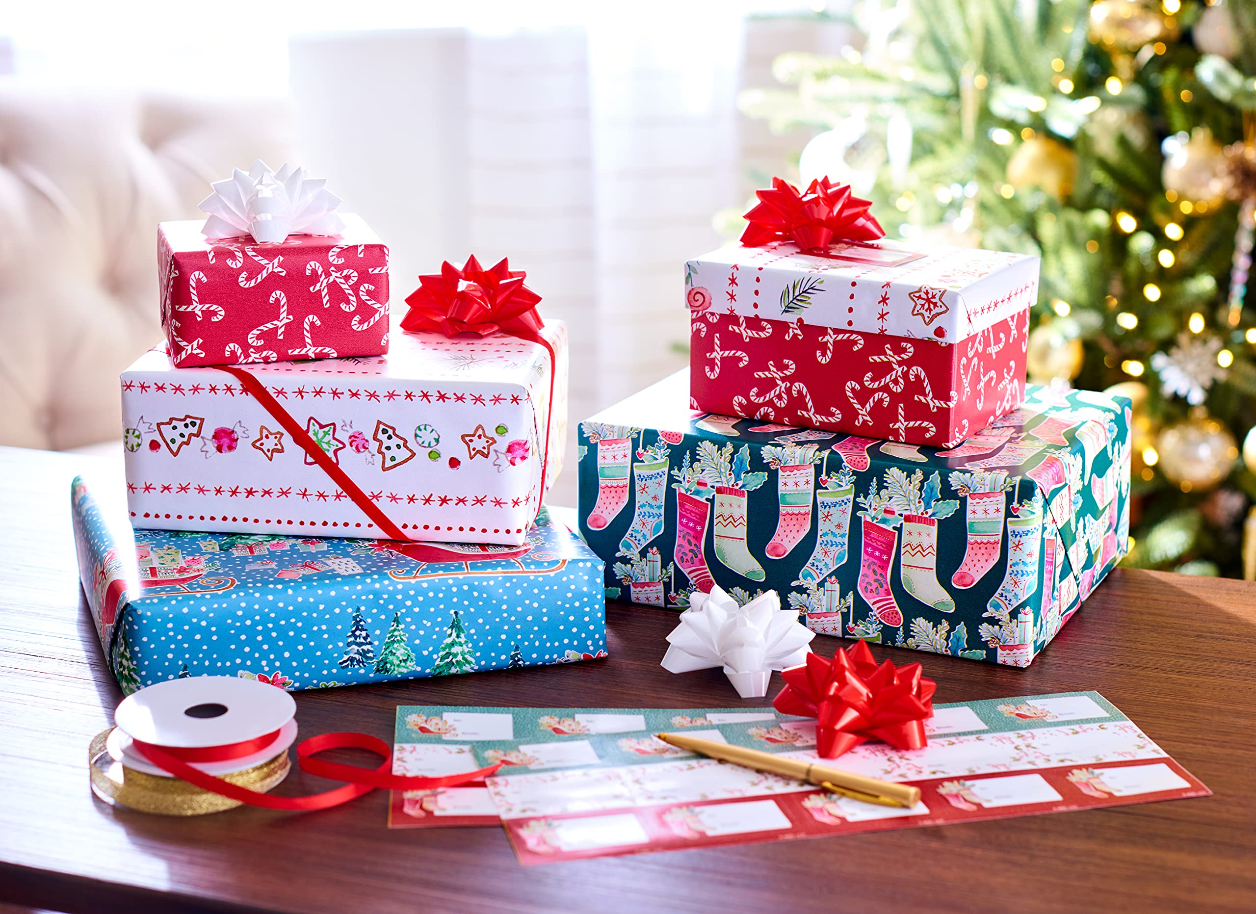 American Greetings Whimsical Christmas Wrapping Paper Set, Holiday Gift Wrap for Her (120 sq. ft., 4 rolls-30 in. x 12 ft., 7 Adhesive Bows, 30 Gift Tag Stickers) Kathy Davis Designs - Image 9